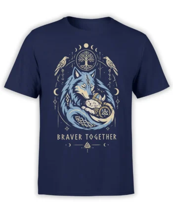 Braver Together wolf and cat graphic tee with Nordic symbols and moon phases on a navy shirt