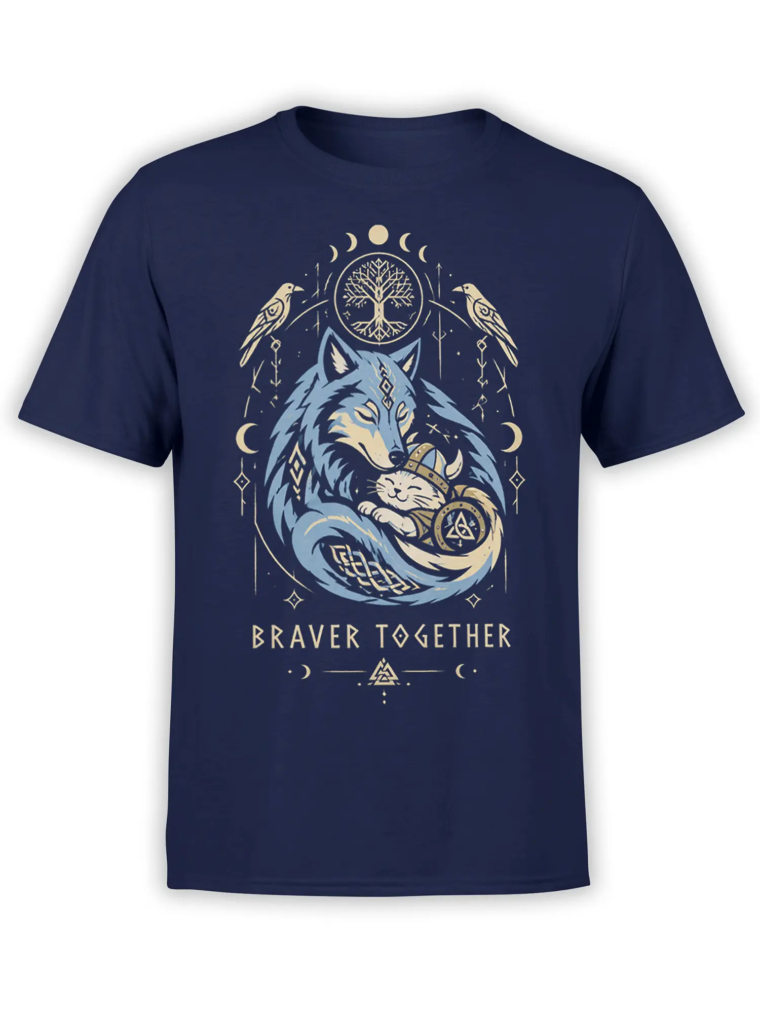 Braver Together wolf and cat graphic tee with Nordic symbols and moon phases on a navy shirt
