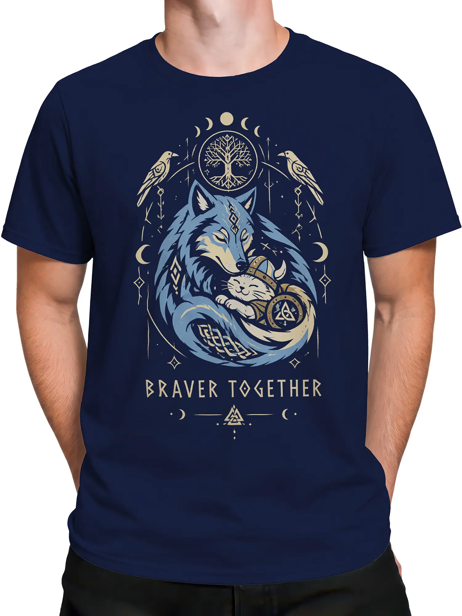 Male torso wearing a navy wolf and cat graphic tee with Nordic fantasy artwork