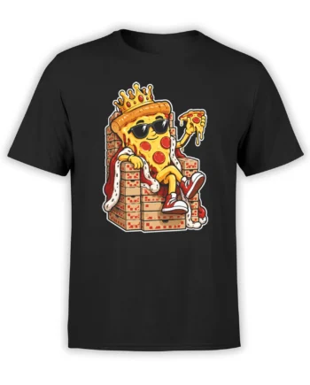 Crowned pizza slice in sunglasses seated on a pizza box throne on a black T-shirt