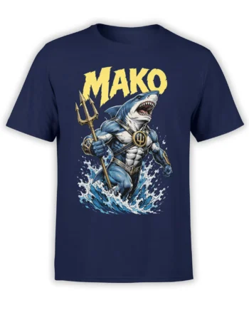 Mako shark warrior with a golden trident and crashing waves on a navy graphic T-shirt