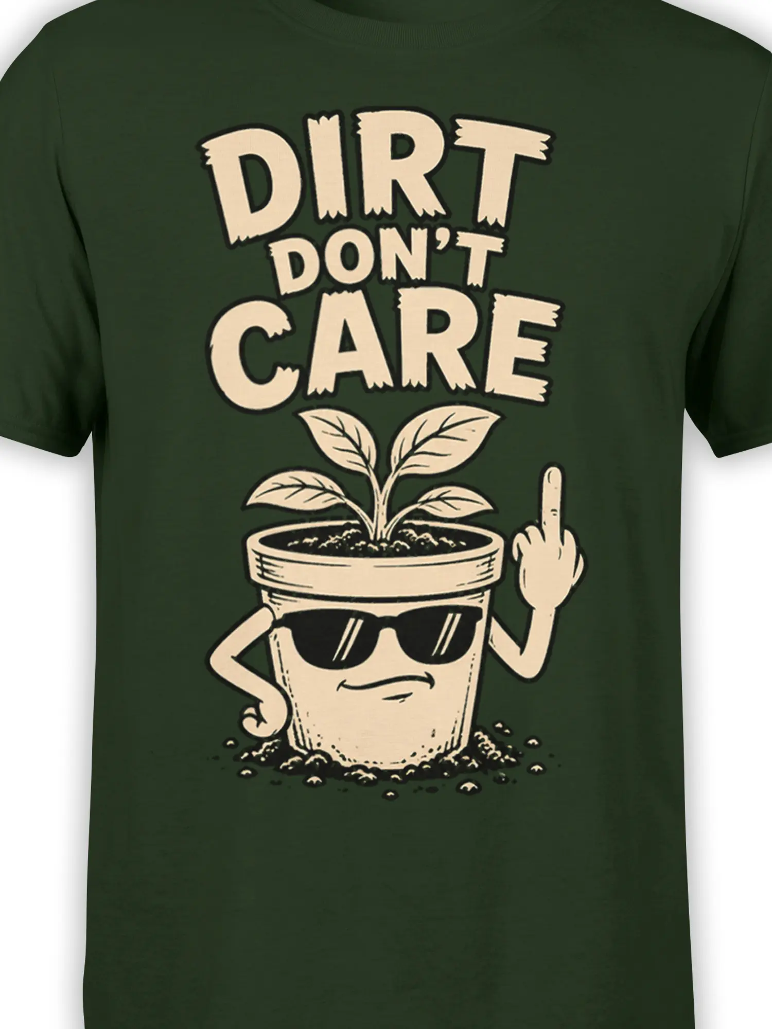 Close-up of the green plant graphic tee showing the sunglasses, raised finger, pot, leaves, and bold text