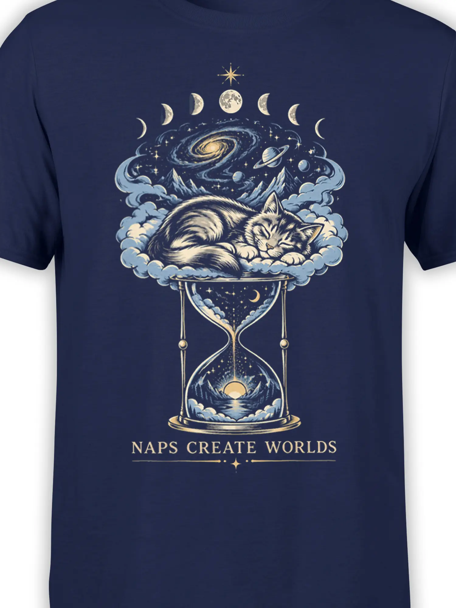 Close-up of sleeping cat and galaxy hourglass artwork on a navy cat T-shirt