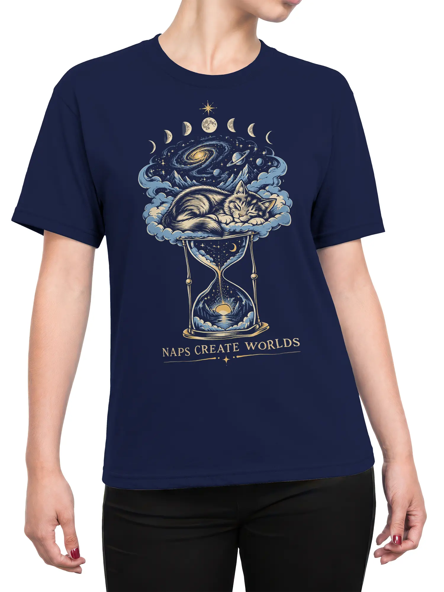 Female torso wearing a navy T-shirt with sleeping cat and cosmic hourglass artwork