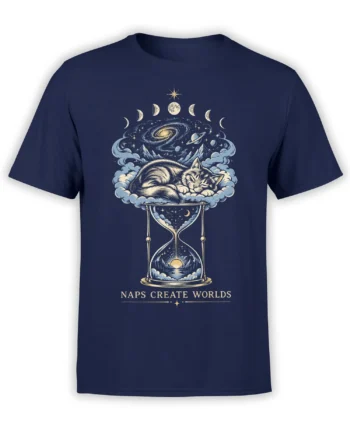 Navy T-shirt with a sleeping cat on a cosmic hourglass and the words NAPS CREATE WORLDS