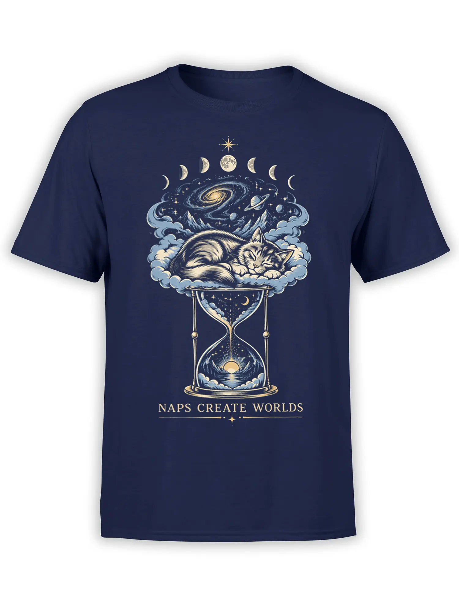 Navy T-shirt with a sleeping cat on a cosmic hourglass and the words NAPS CREATE WORLDS