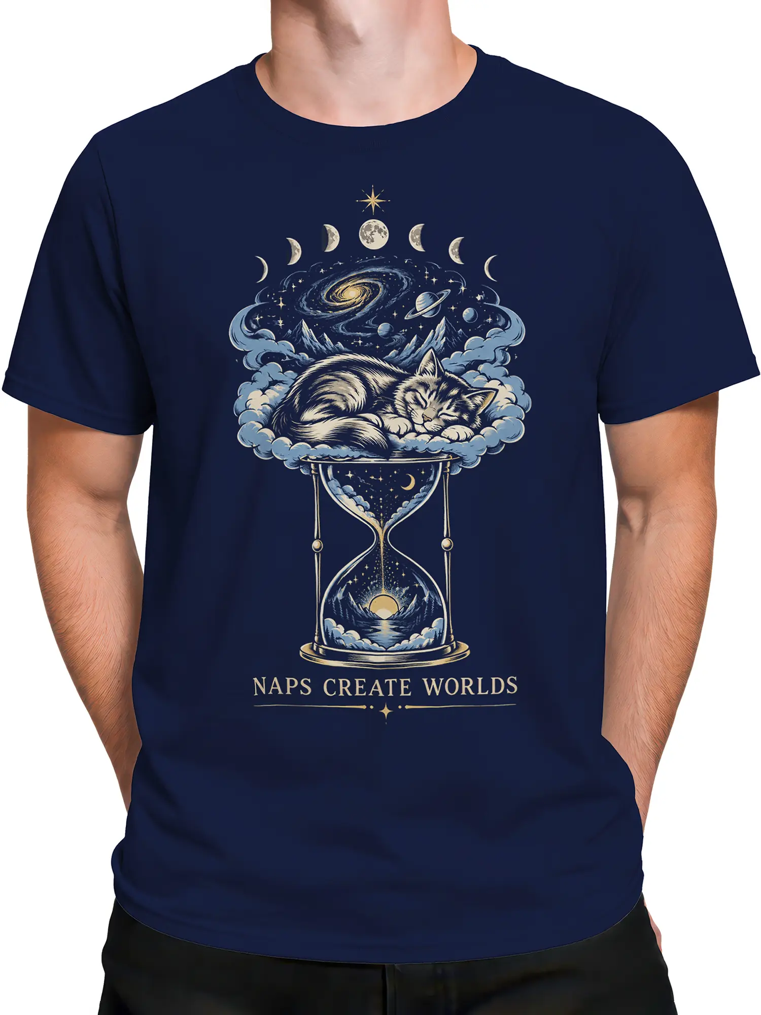 Male torso wearing a navy sleeping cat cosmic hourglass graphic T-shirt