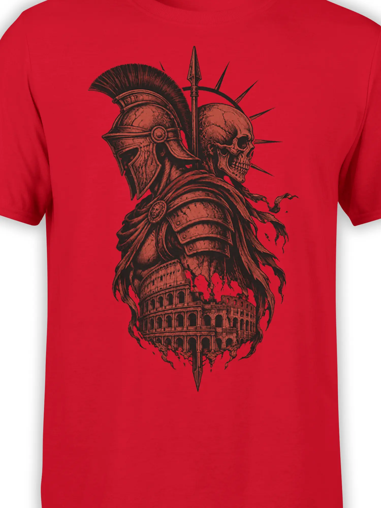 Close-up of Roman warrior skull artwork, helmet, spear, armor, and ancient ruins on a red shirt