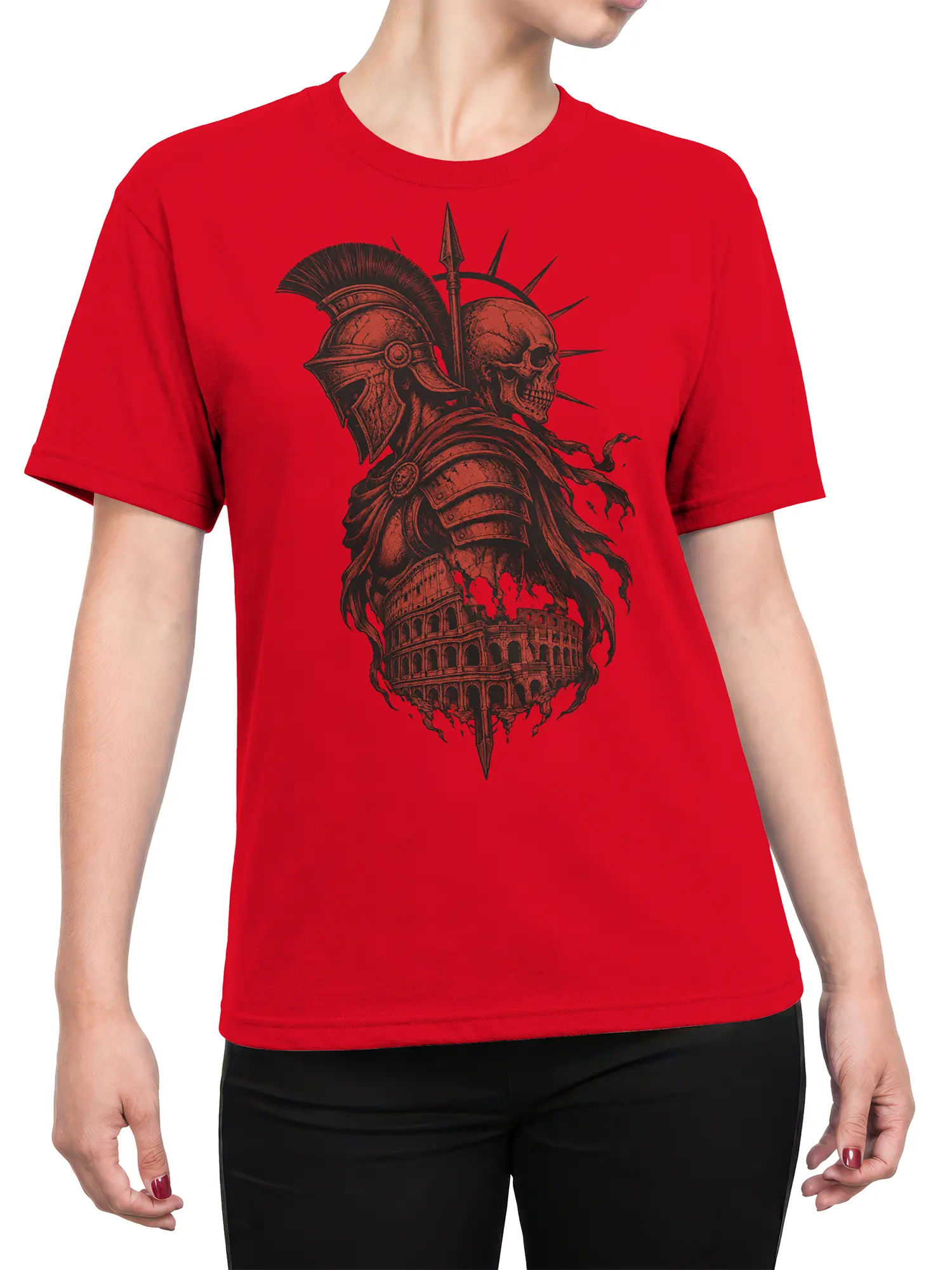 Female torso wearing a red Roman warrior T-shirt with skull, armor, spear, and ancient ruins graphic