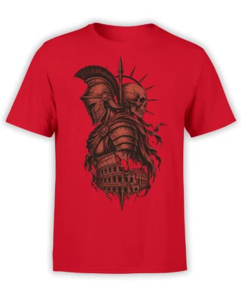 Red T-shirt with a skull-faced Roman warrior, spear, armor, and ancient amphitheater artwork