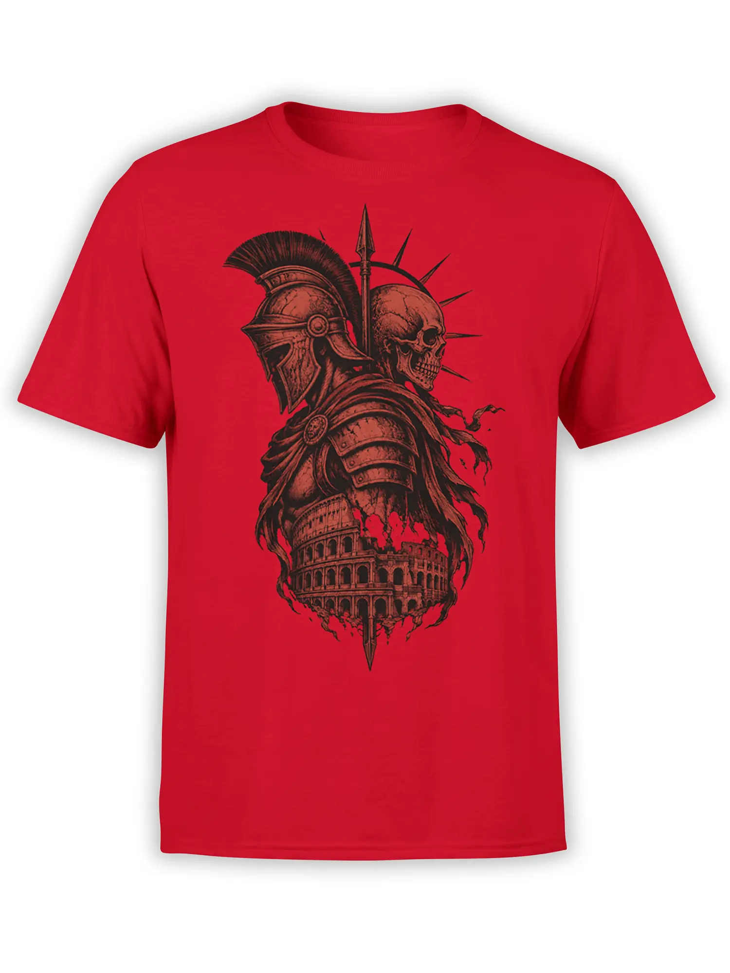 Red T-shirt with a skull-faced Roman warrior, spear, armor, and ancient amphitheater artwork