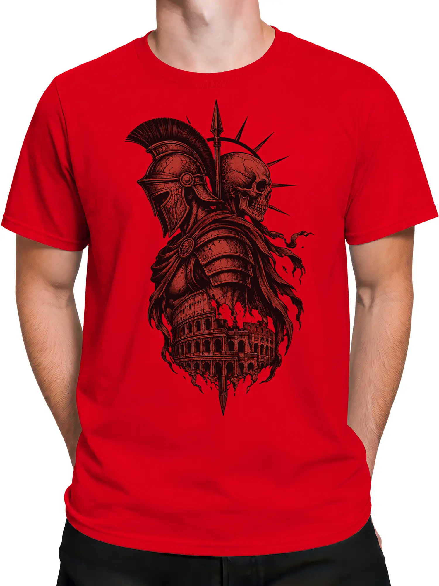 Male torso wearing a red Roman warrior T-shirt with skull-faced warrior and ruined amphitheater graphic