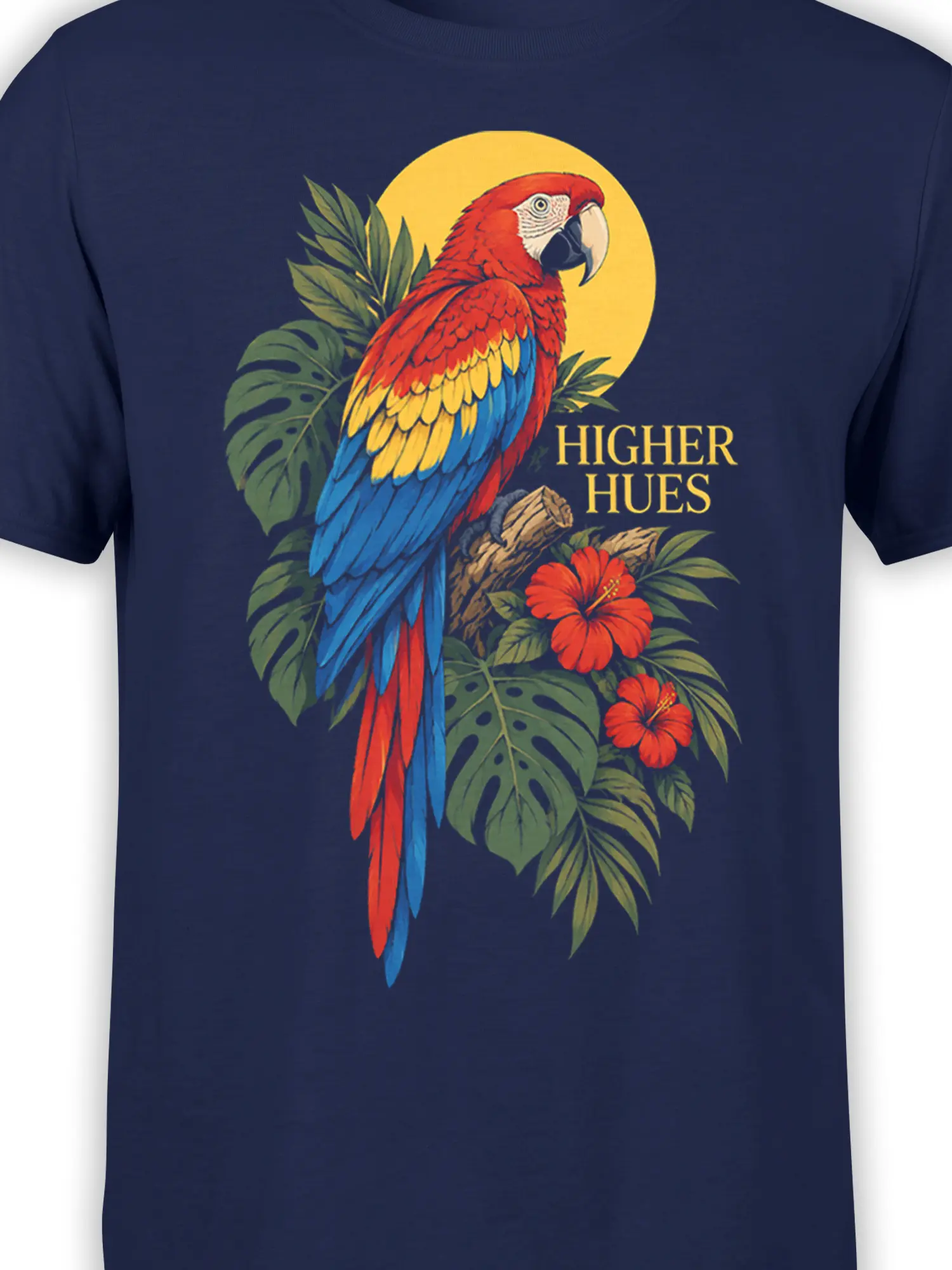 Close-up of colorful macaw, tropical leaves, flowers, and Higher Hues artwork on navy fabric