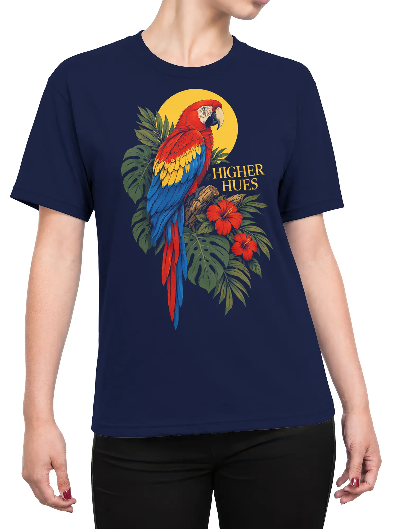Female torso wearing a navy T-shirt with colorful macaw and tropical botanical artwork