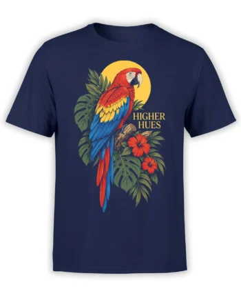 Colorful macaw and tropical hibiscus graphic on a navy Higher Hues T-shirt