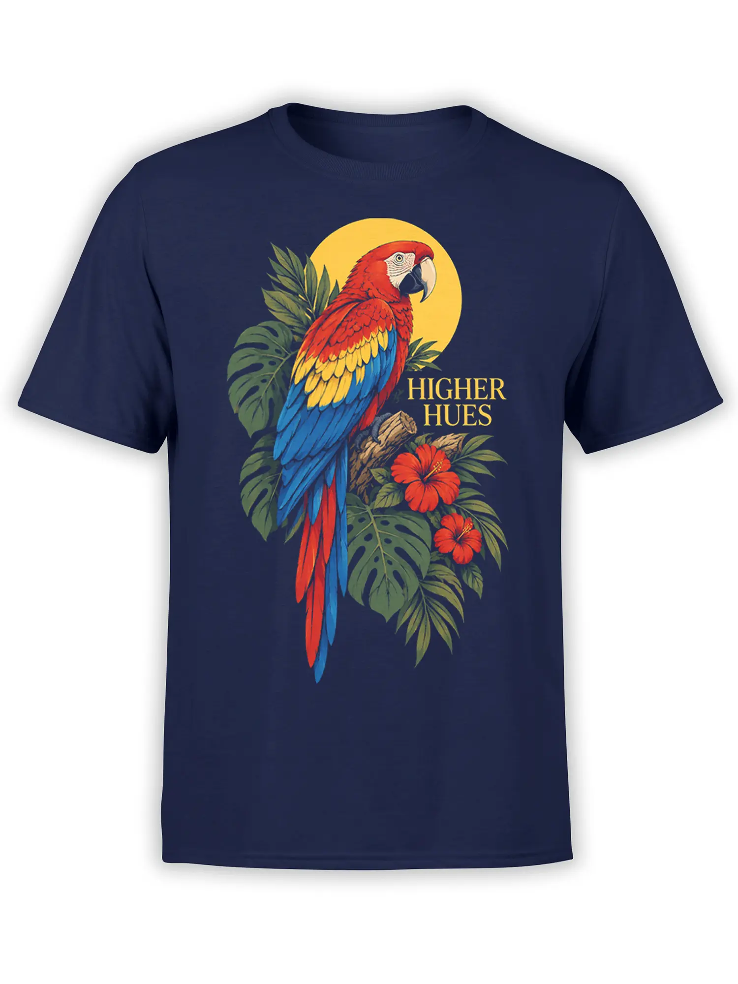 Colorful macaw and tropical hibiscus graphic on a navy Higher Hues T-shirt