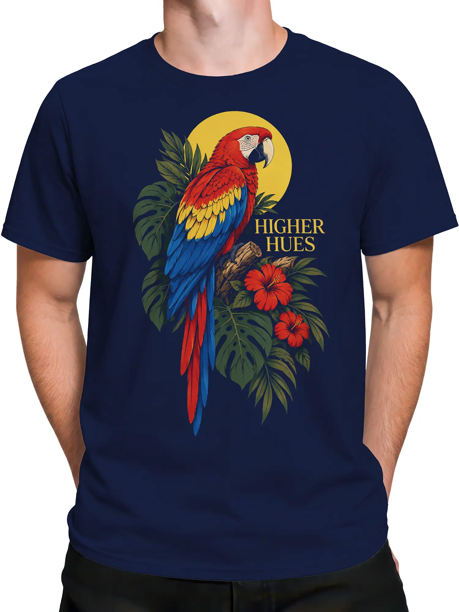Male torso wearing a navy T-shirt with colorful macaw and tropical leaf artwork