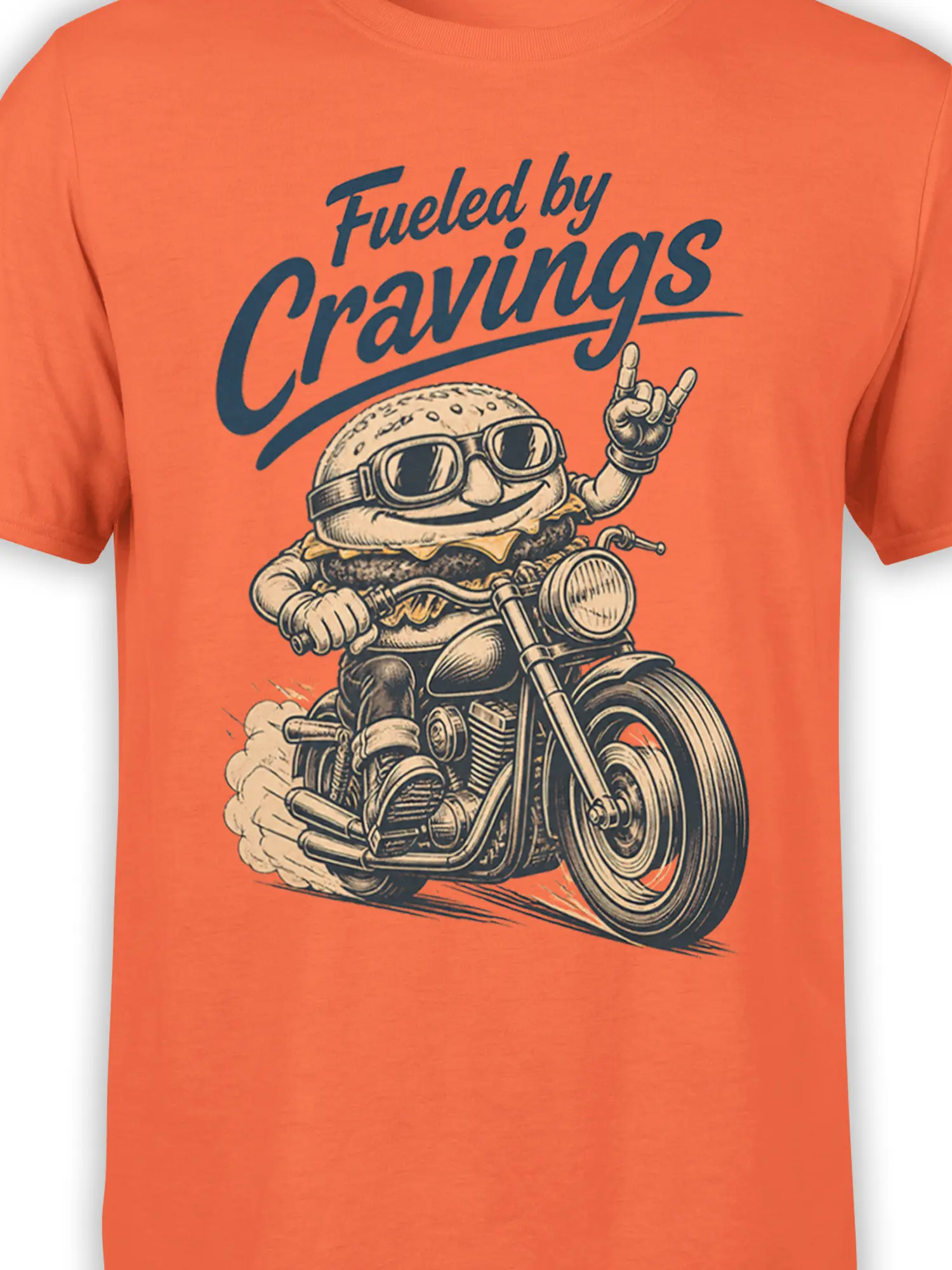 Close-up of burger biker motorcycle artwork and Fueled by Cravings text on orange fabric