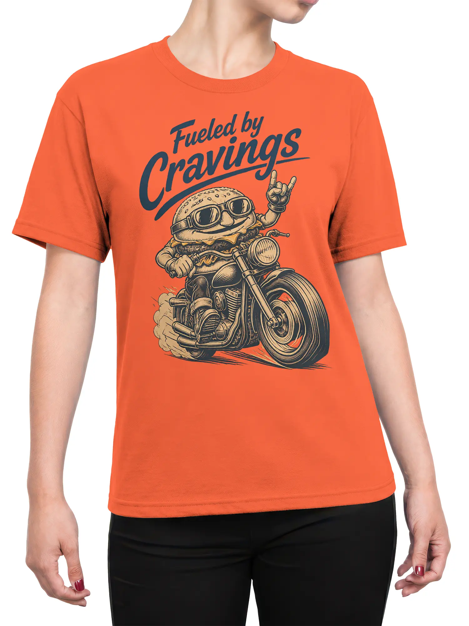 Female torso wearing an orange burger biker T-shirt with Fueled by Cravings artwork