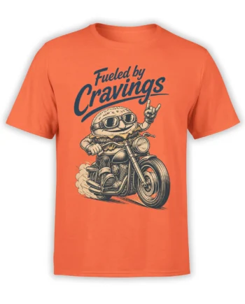 Retro burger biker riding a motorcycle with Fueled by Cravings lettering on an orange T-shirt