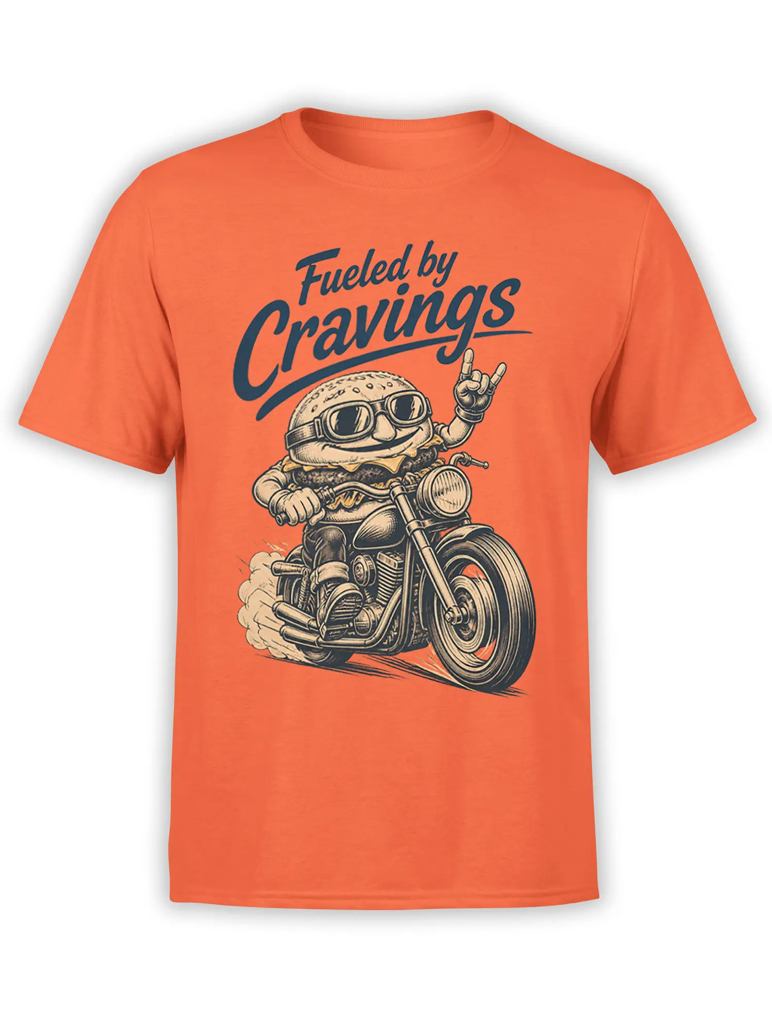 Retro burger biker riding a motorcycle with Fueled by Cravings lettering on an orange T-shirt