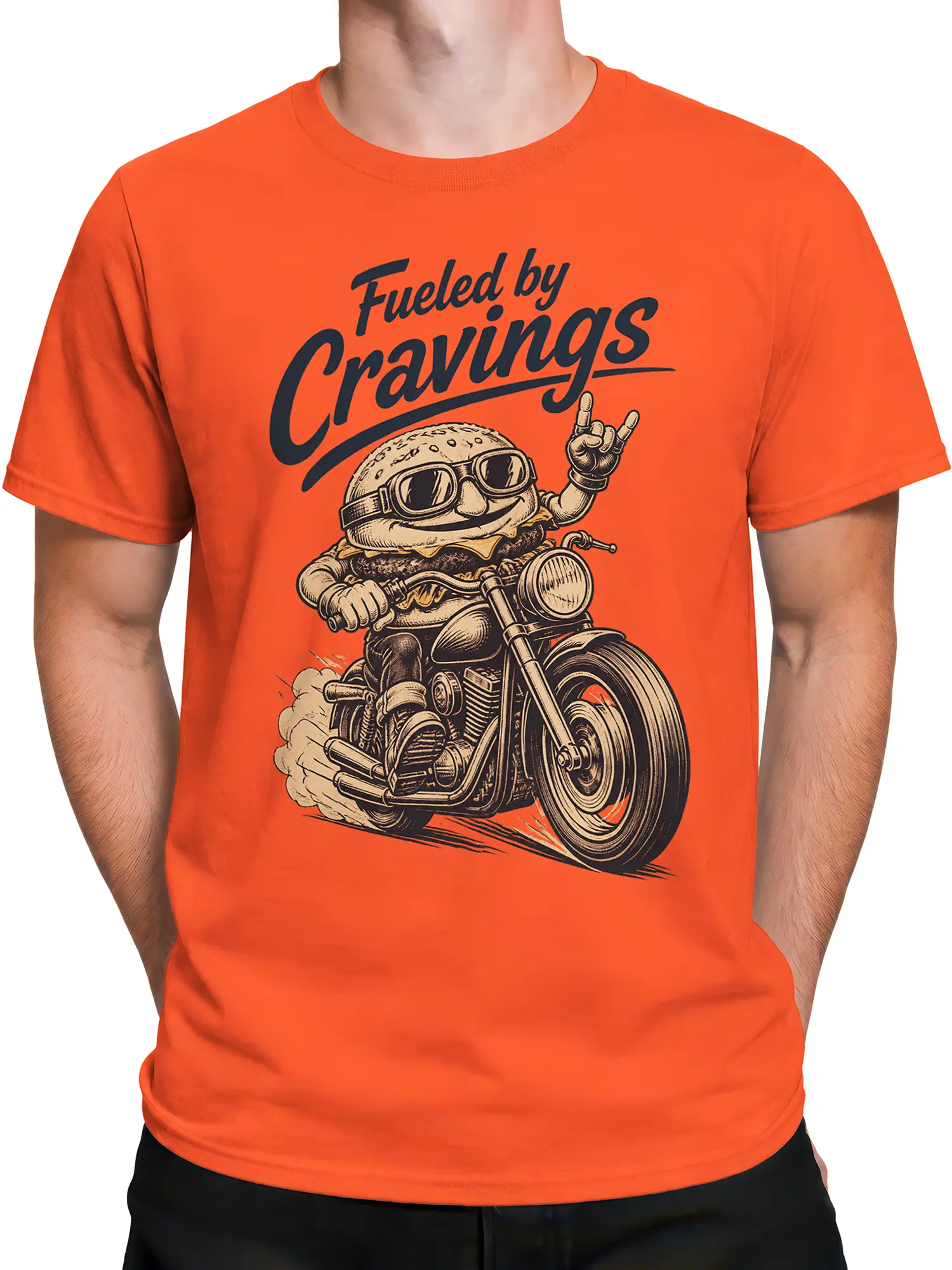 Male torso wearing an orange burger biker T-shirt with retro motorcycle artwork