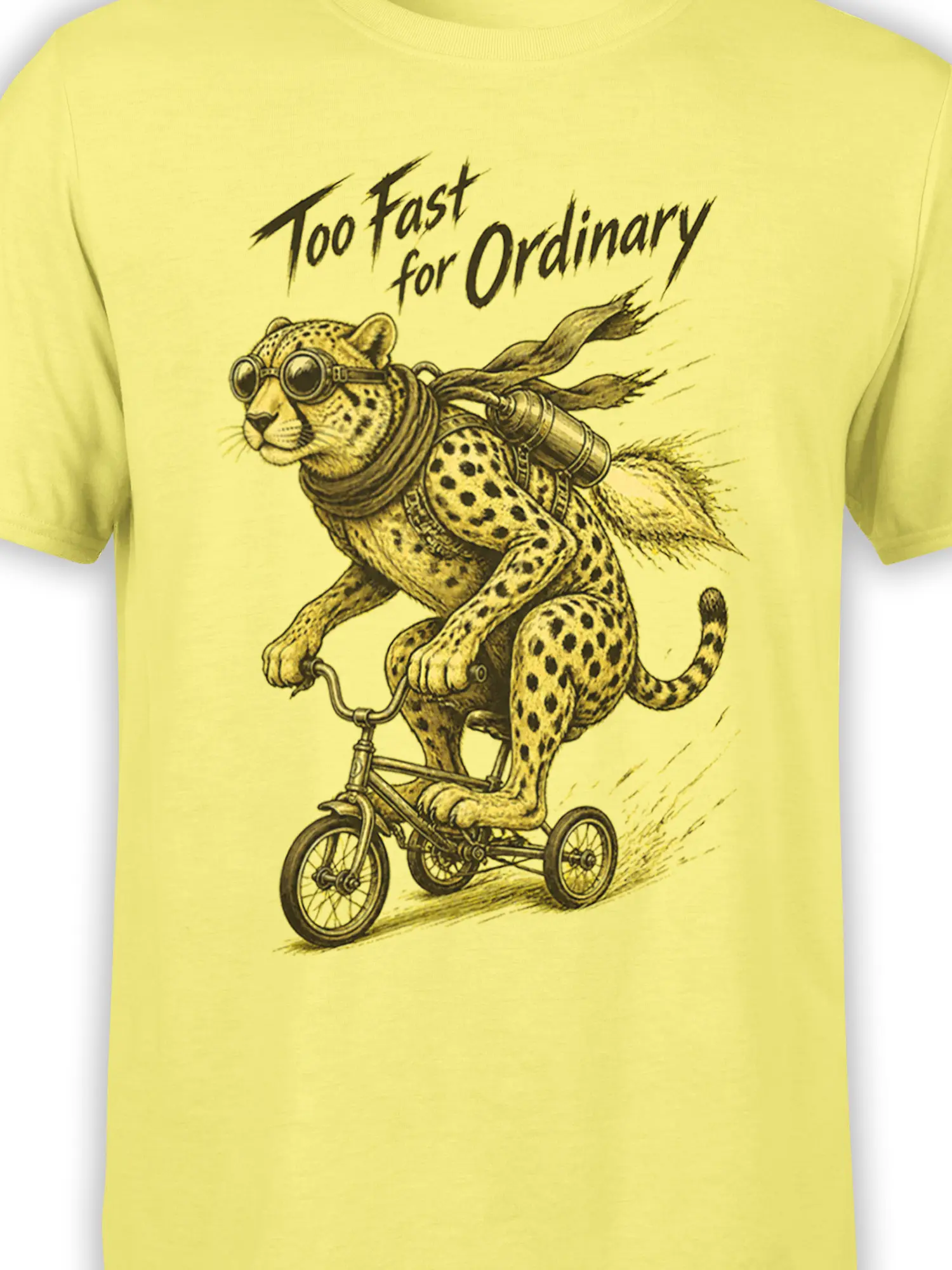 Close-up of the goggled cheetah tricycle graphic and “Too Fast for Ordinary” text on yellow fabric