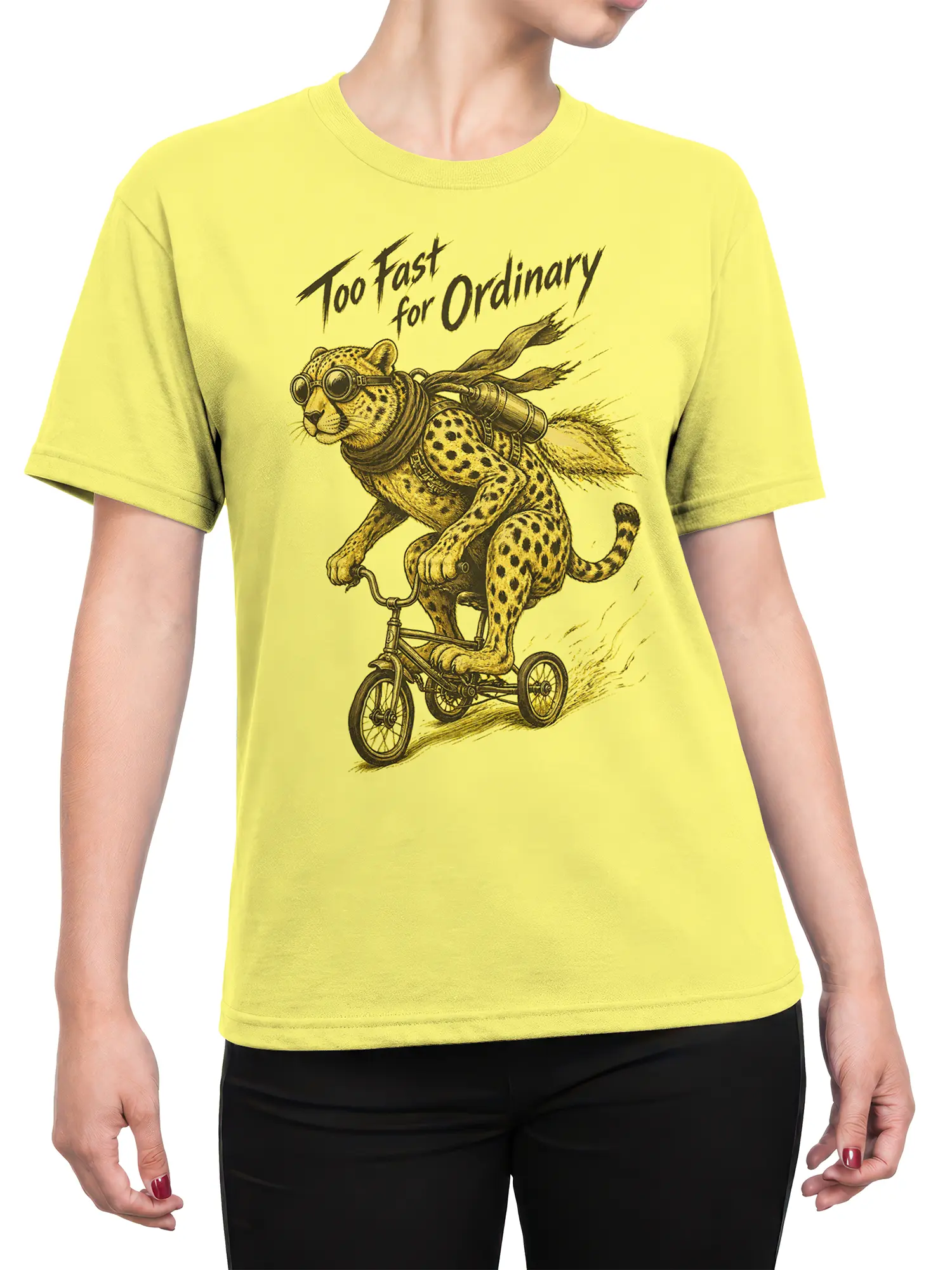 Female torso wearing a yellow T-shirt with a racing cheetah and “Too Fast for Ordinary” graphic