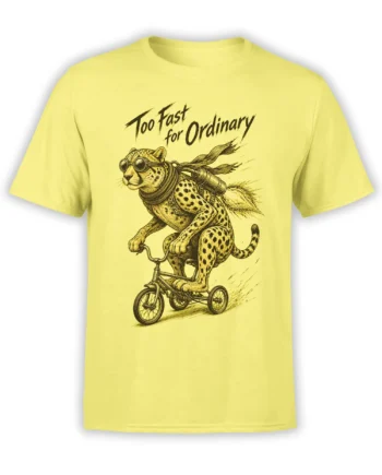 Yellow T-shirt with a goggled cheetah racing on a tricycle beneath “Too Fast for Ordinary”