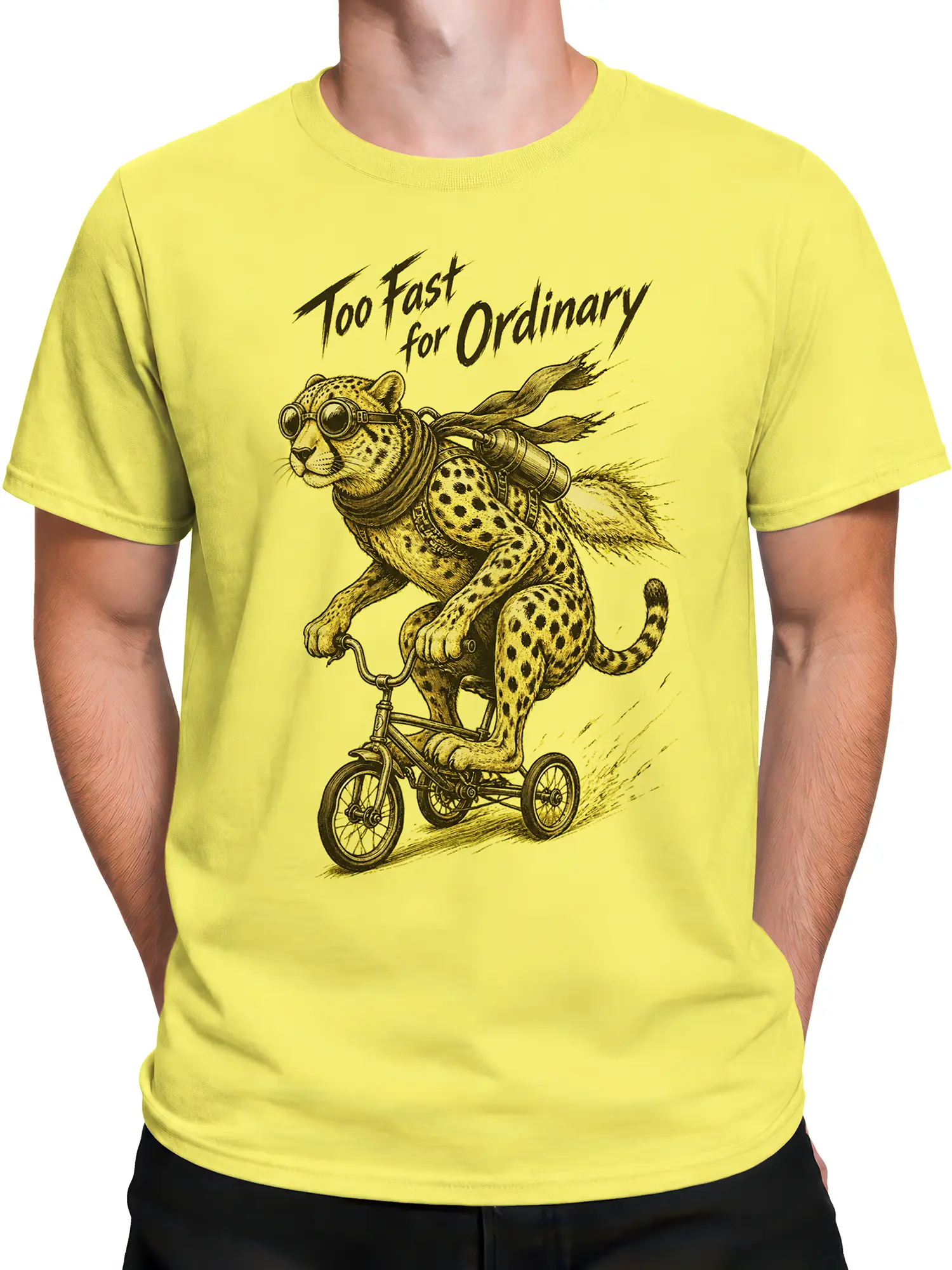 Male torso wearing a yellow cheetah graphic T-shirt with a tricycle racing design