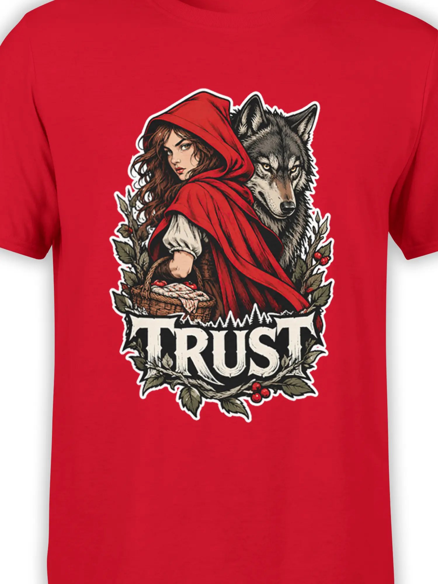 Close-up of the red wolf graphic tee showing the hooded woman, gray wolf, foliage, basket, and TRUST design