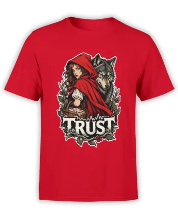 Red T-shirt featuring a hooded woman with a basket, a gray wolf, woodland leaves, and TRUST lettering