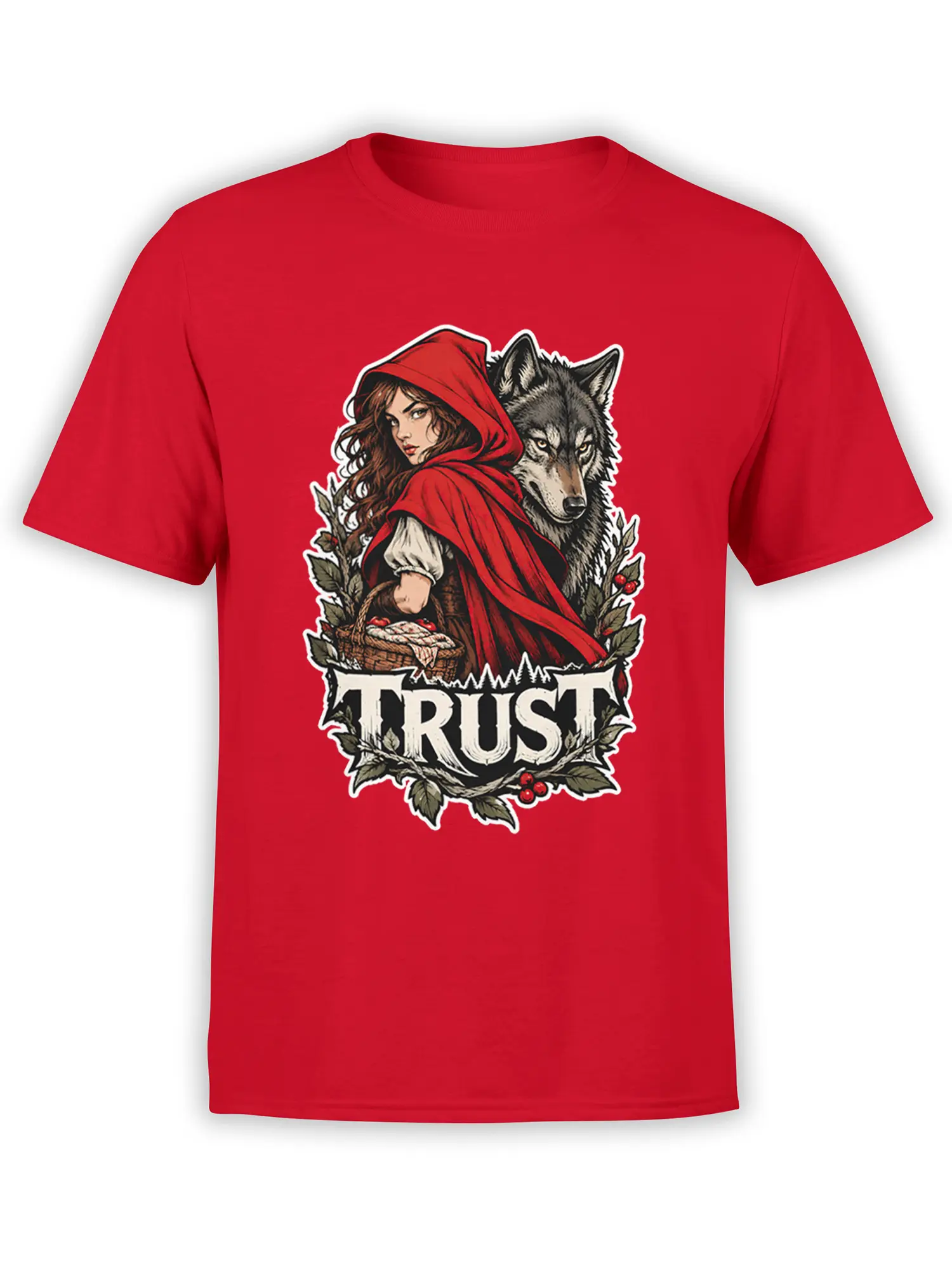 Red T-shirt featuring a hooded woman with a basket, a gray wolf, woodland leaves, and TRUST lettering
