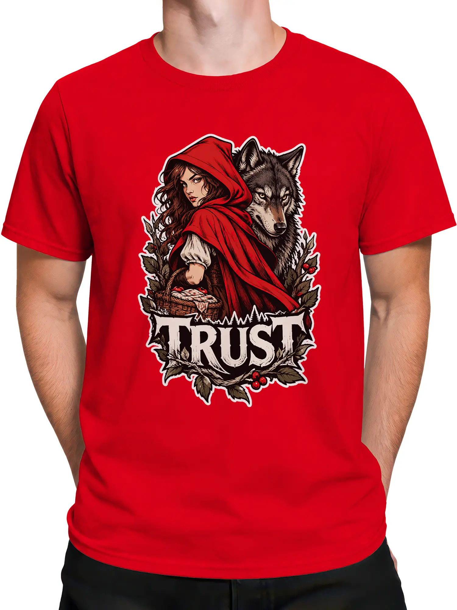 Male torso wearing a red T-shirt with a hooded woman, gray wolf, forest foliage, and TRUST graphic