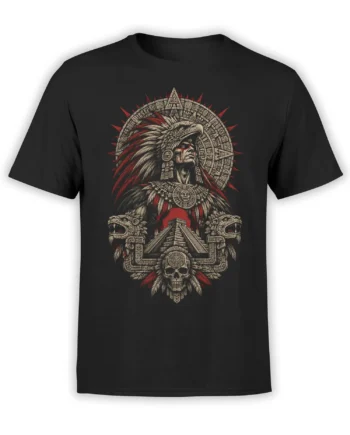 Black T-shirt with a Mesoamerican-inspired eagle warrior, stepped pyramid, skull, carved symbols, and red accents