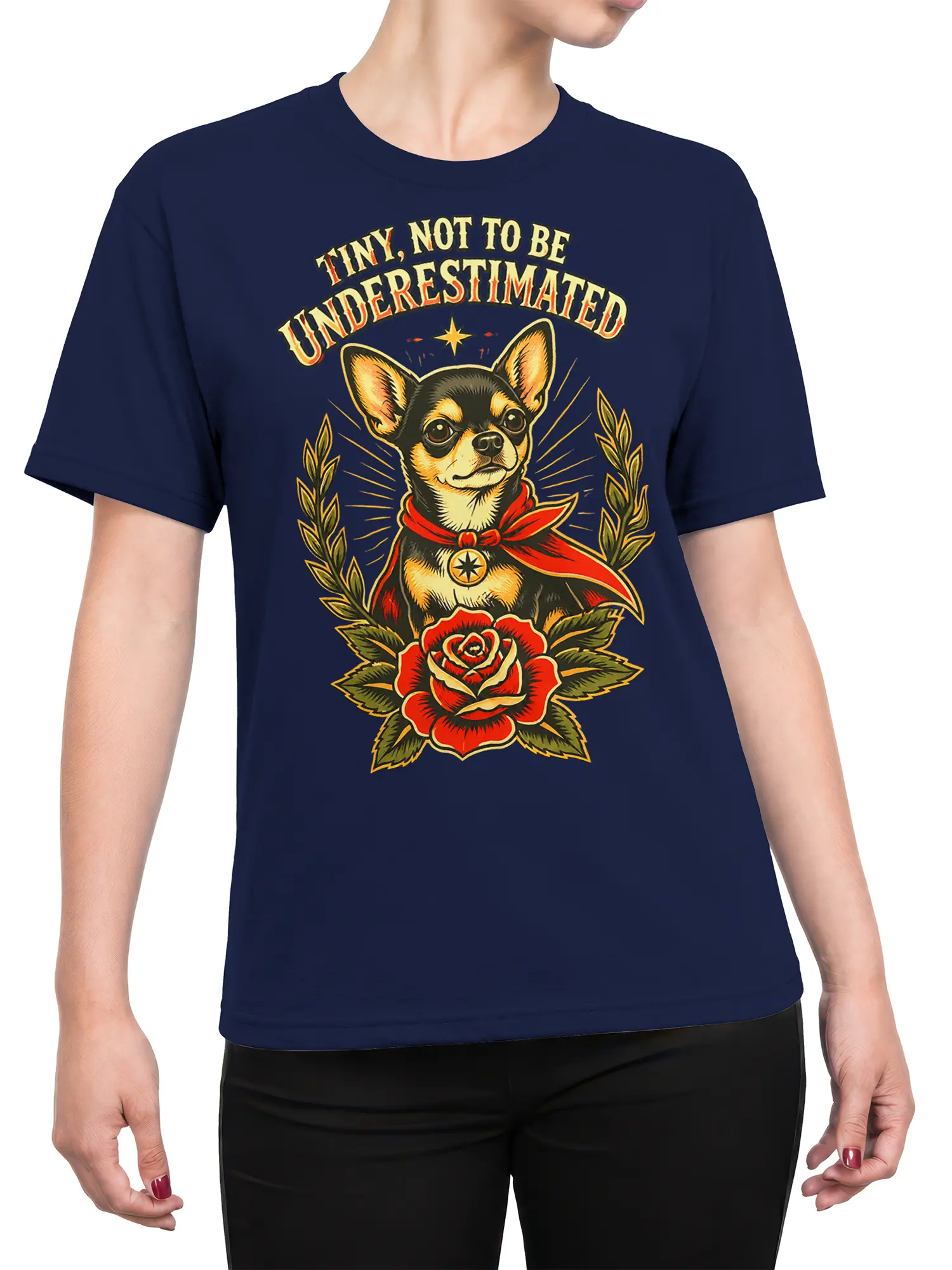 Female torso wearing navy Chihuahua graphic T-shirt with caped dog, red rose, and vintage underdog message