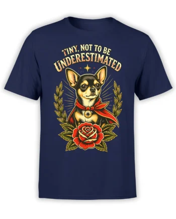 Caped Chihuahua-style dog graphic with red rose and “Tiny, Not To Be Underestimated” text on a navy T-shirt