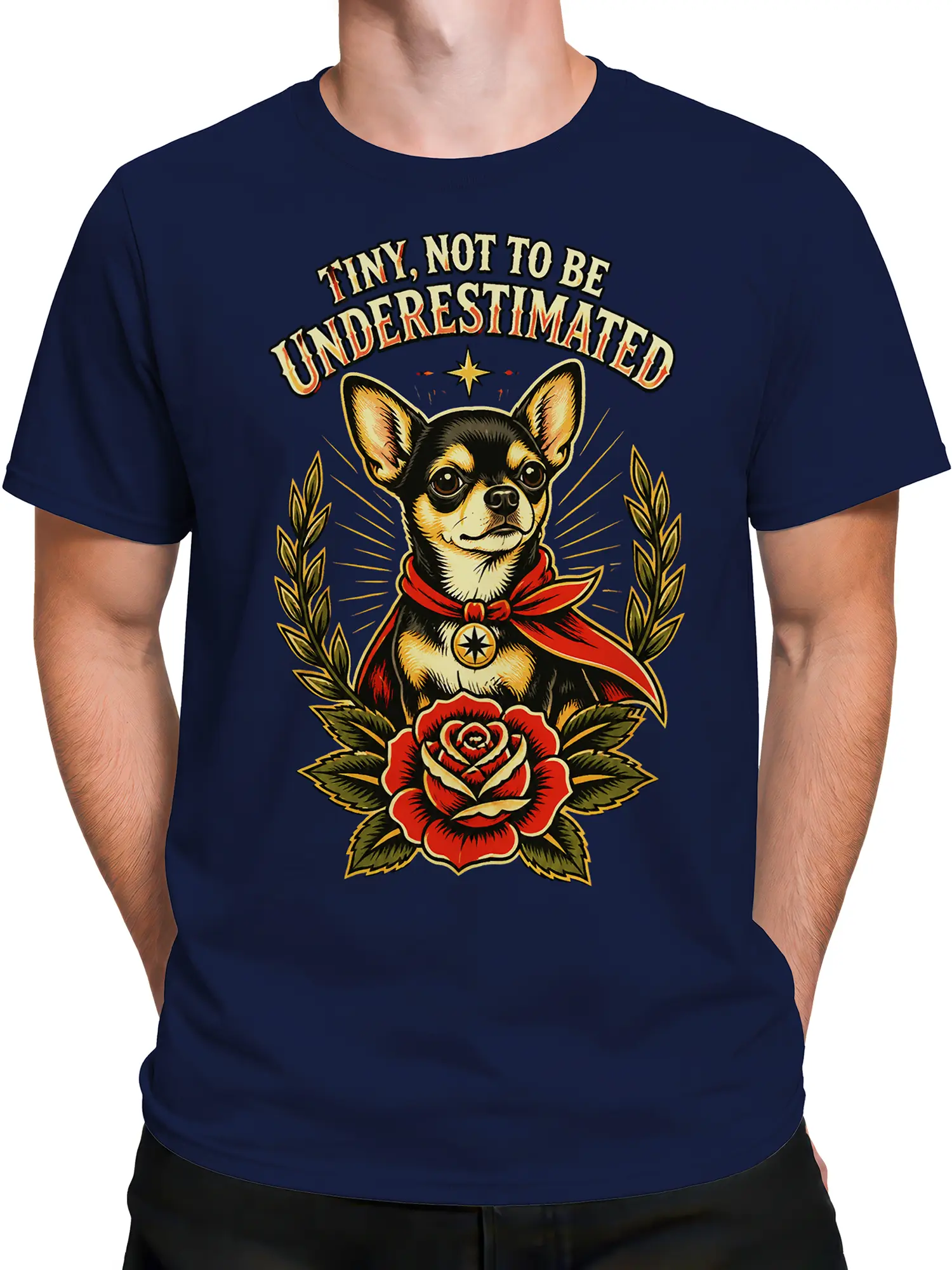 Male torso wearing navy Chihuahua graphic T-shirt with red rose, laurel leaves, and vintage-style dog artwork