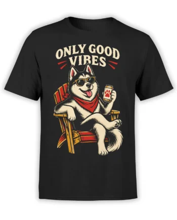 Black T-shirt with a relaxed dog in sunglasses, red scarf, chair, paw-print drink, and “ONLY GOOD VIBES” text