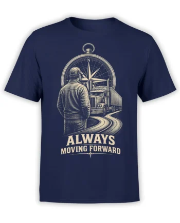 Navy trucker T-shirt with vintage compass, semi truck, winding road, and Always Moving Forward graphic