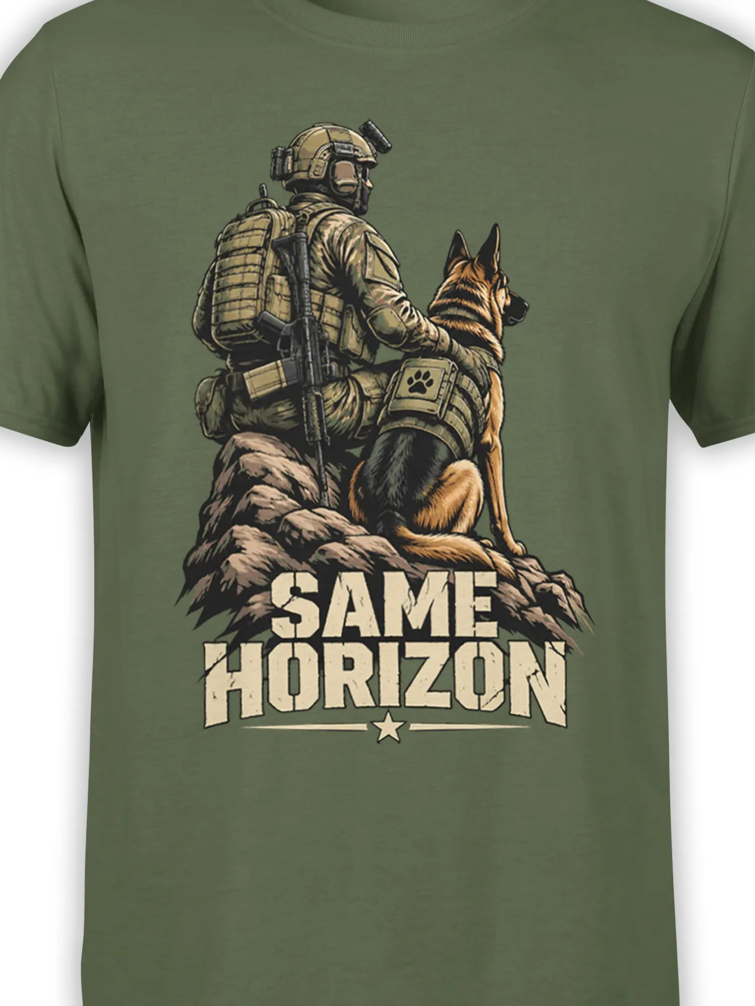 Close-up of soldier and German Shepherd artwork with Same Horizon lettering on olive green fabric