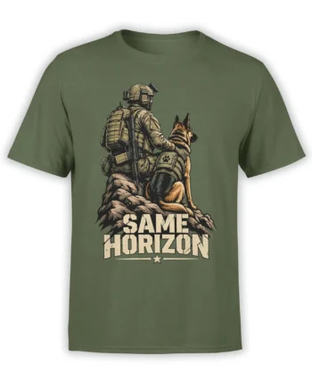 Soldier and German Shepherd graphic with Same Horizon text on an olive green T-shirt