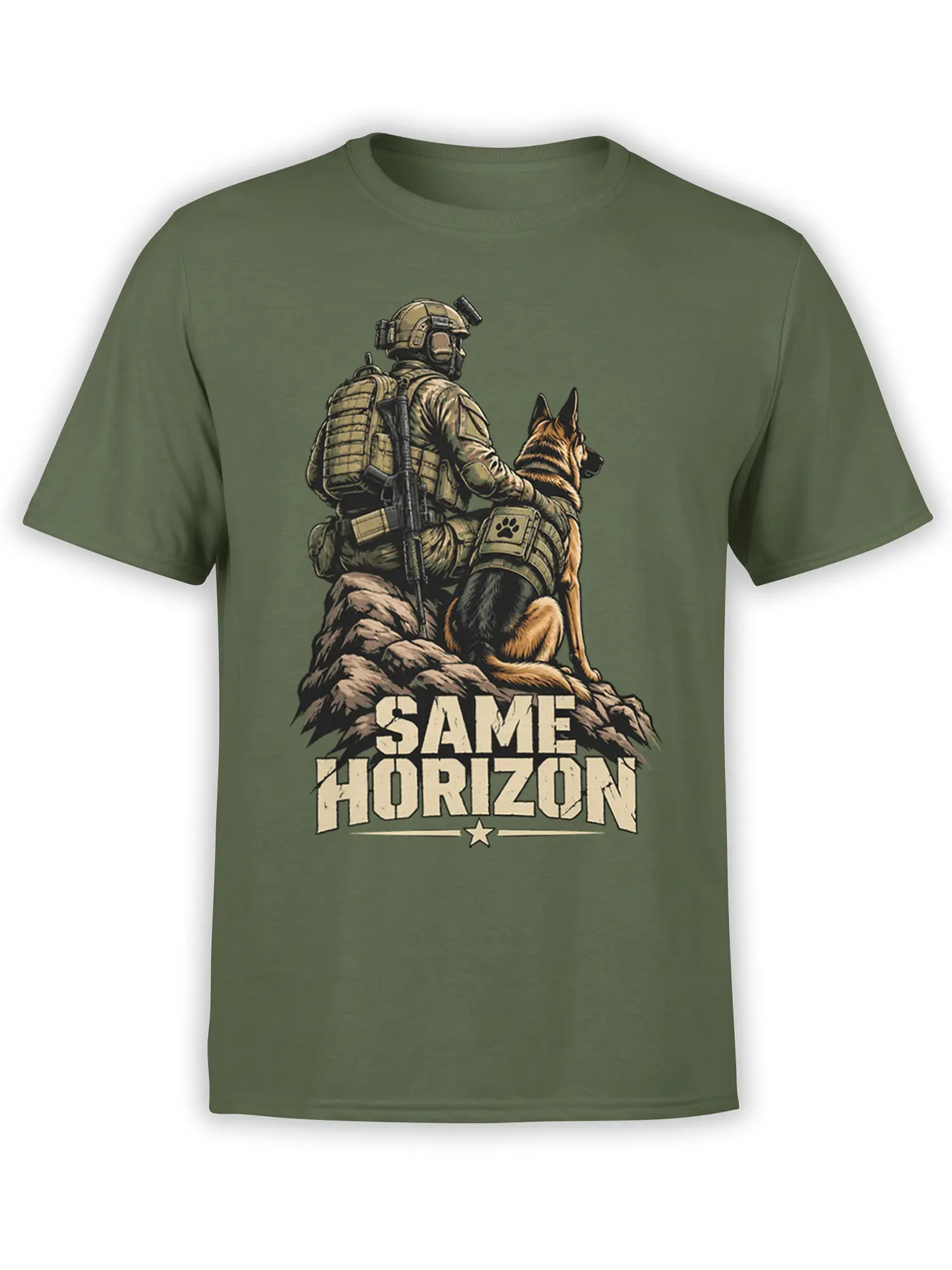 Soldier and German Shepherd graphic with Same Horizon text on an olive green T-shirt