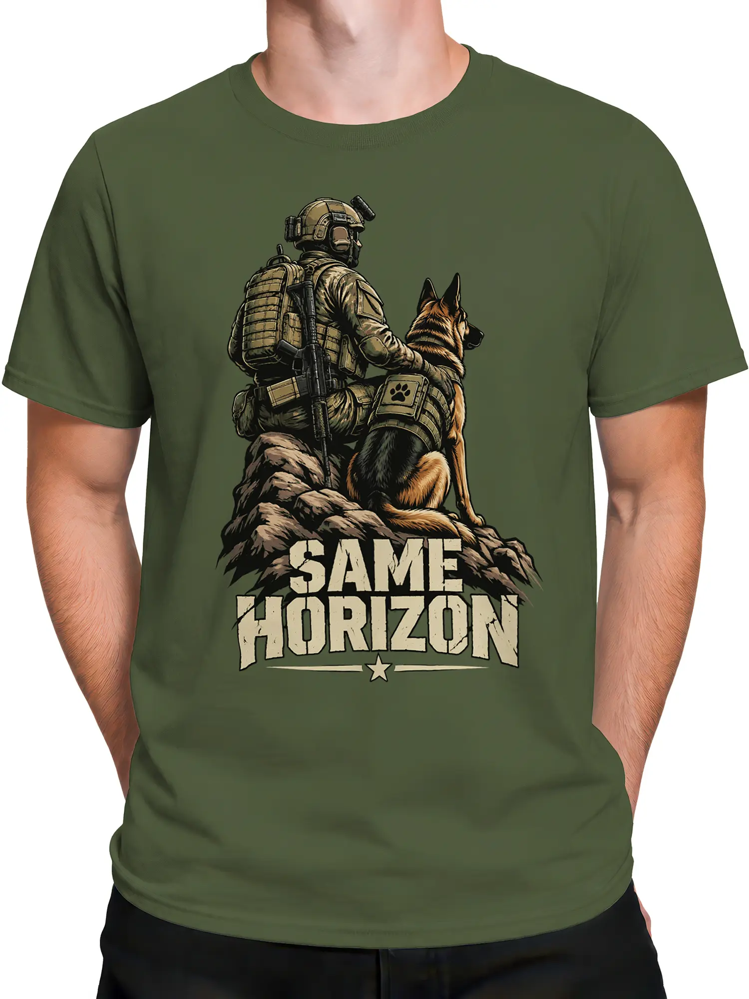 Male torso wearing an olive green military dog T-shirt with soldier and German Shepherd graphic