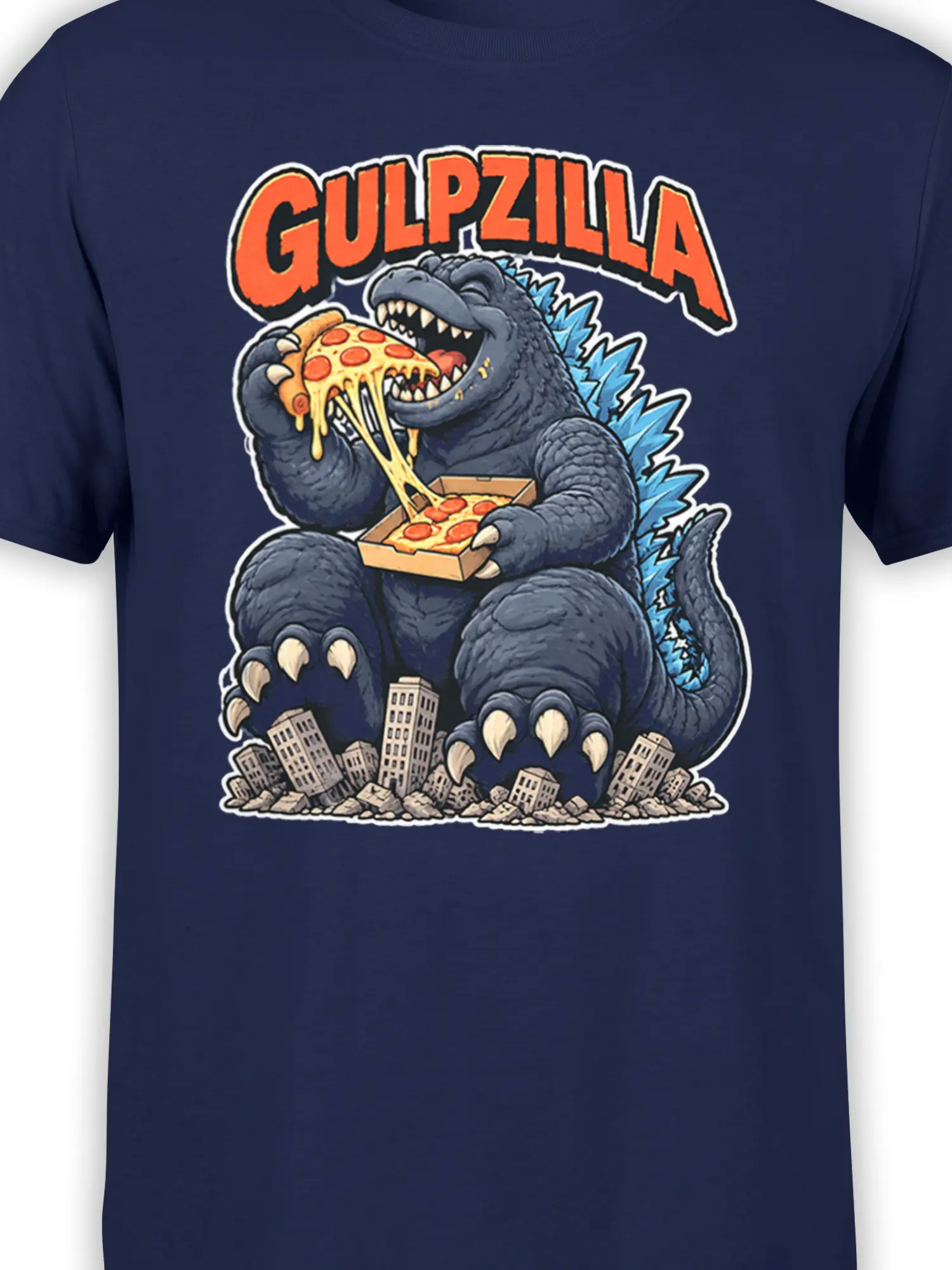 Close-up of blue dinosaur monster, pizza slice, cheese, and orange lettering on navy fabric