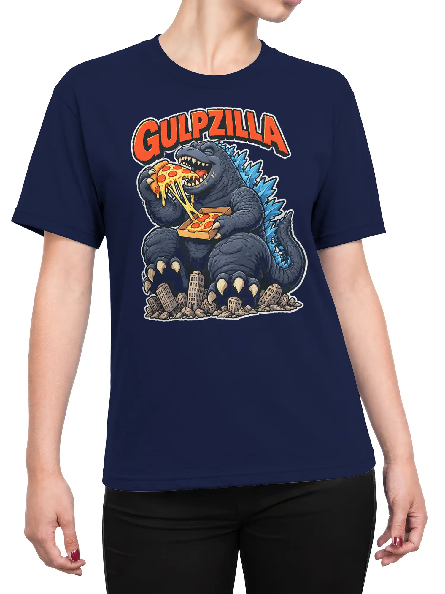 Female torso wearing a navy T-shirt with a pizza-eating dinosaur monster and ruined city graphic