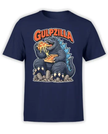 Blue-spiked dinosaur monster eating pizza above a ruined city on a navy graphic T-shirt