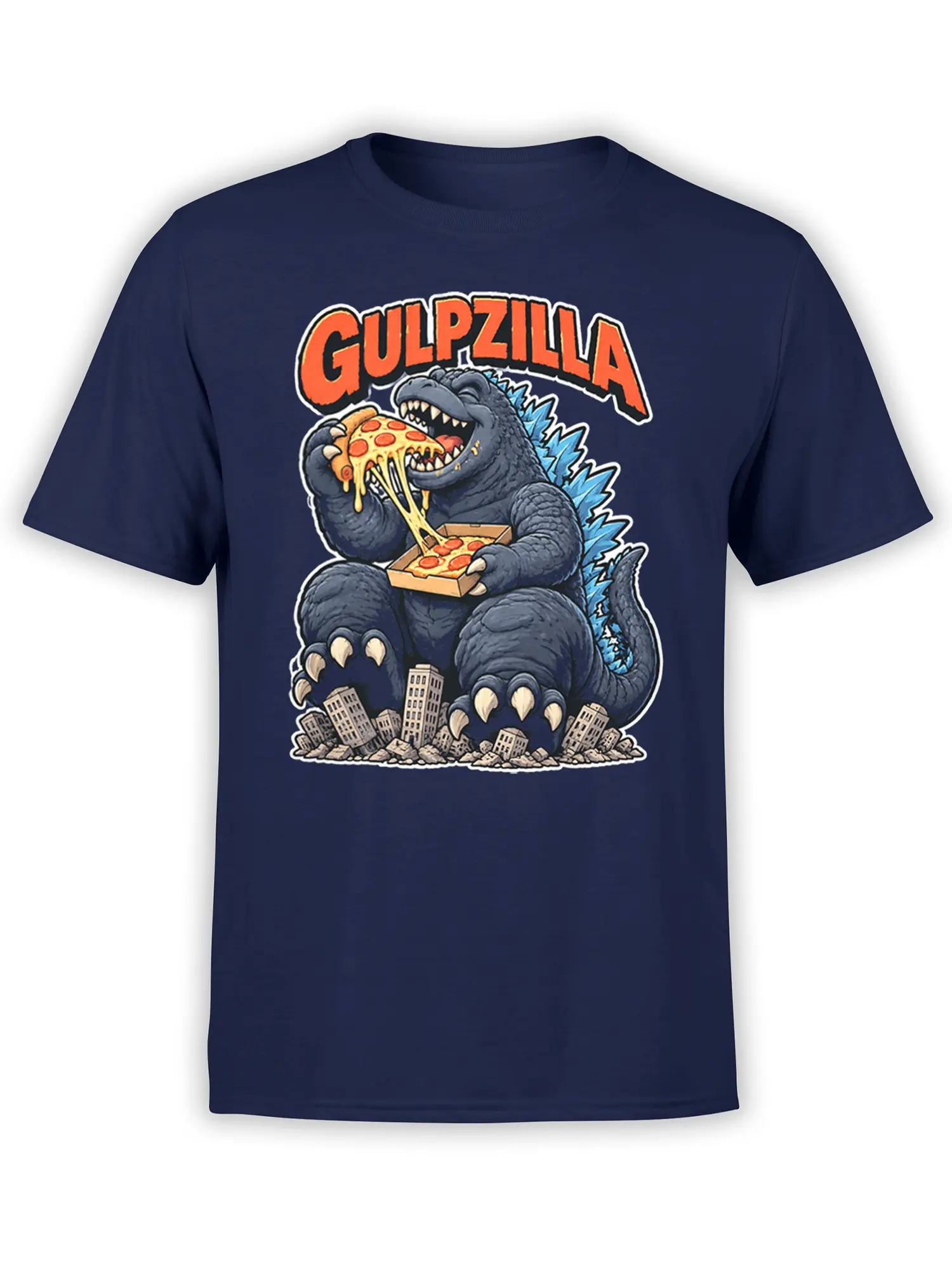 Blue-spiked dinosaur monster eating pizza above a ruined city on a navy graphic T-shirt
