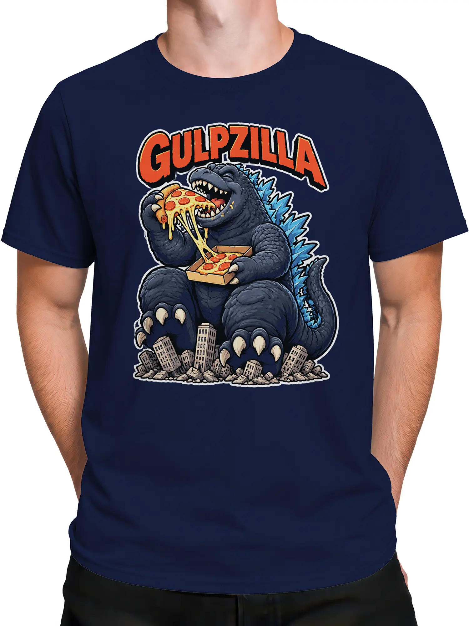 Male torso wearing a navy dinosaur pizza T-shirt with bold orange lettering and monster artwork