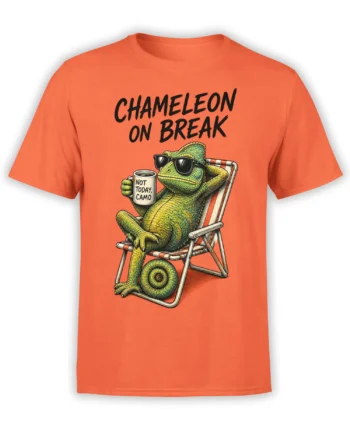 Orange T-shirt with a relaxed green chameleon in sunglasses holding a “Not Today, Camo” mug